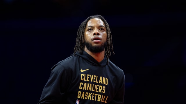 Nov 21, 2023; Philadelphia, Pennsylvania, USA; Cleveland Cavaliers guard Darius Garland warms up before action against the Philadelphia 76ers at Wells Fargo Center. Mandatory Credit: Bill Streicher-USA TODAY Sports